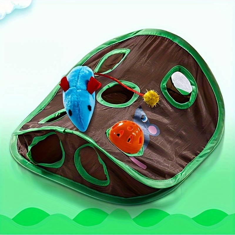 Interactive cat toy with colorful mouse and ball, featuring multiple holes for engaging play. Perfect for stimulating feline activity and fun.