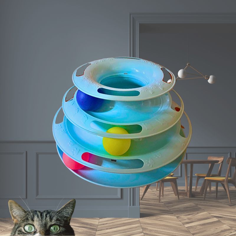 Blue multi-level cat toy with colorful balls, designed for interactive play and mental stimulation. Ideal for indoor cats. Modern home background.