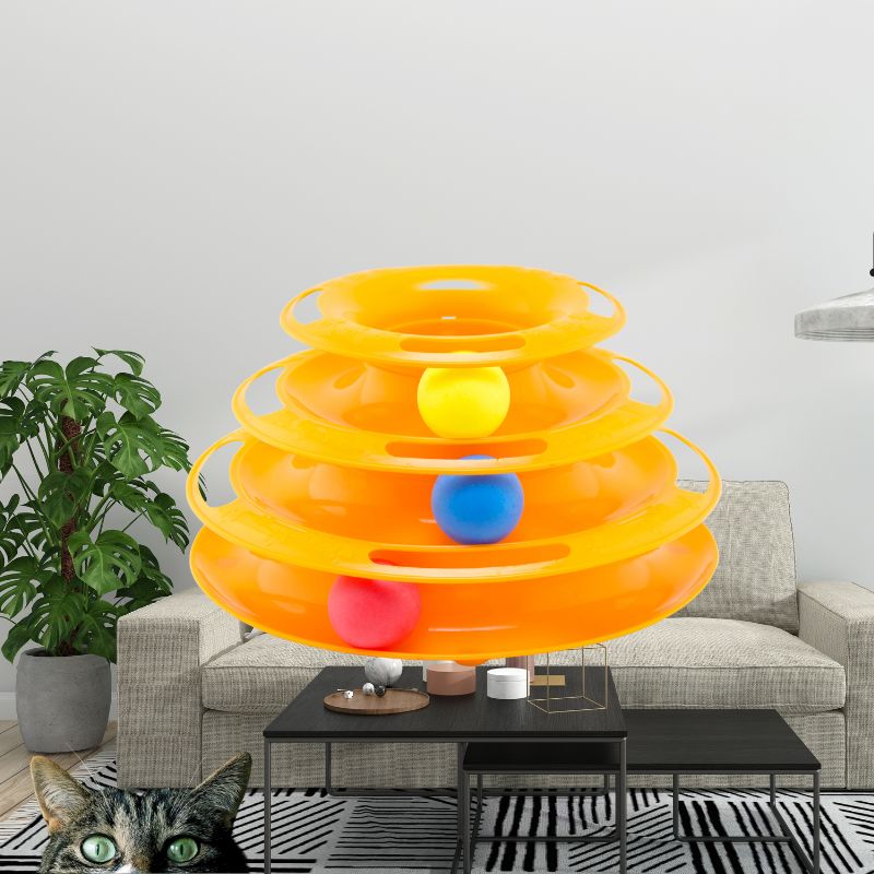 Orange cat toy tower with four levels and colorful balls, placed in a modern living room. Interactive pet play, cat entertainment, indoor activity.