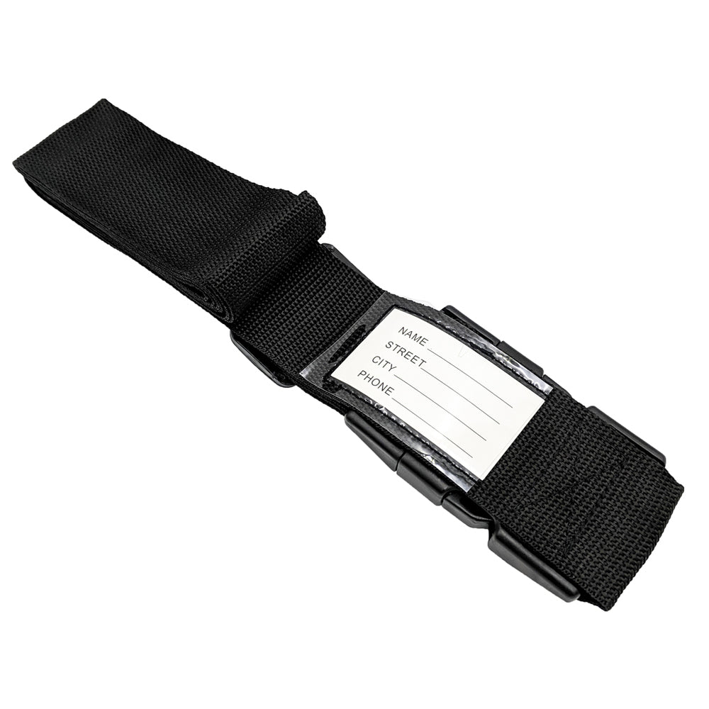 Black luggage strap with adjustable buckle and integrated ID tag for secure travel. Durable nylon material, ideal for suitcase identification and security.