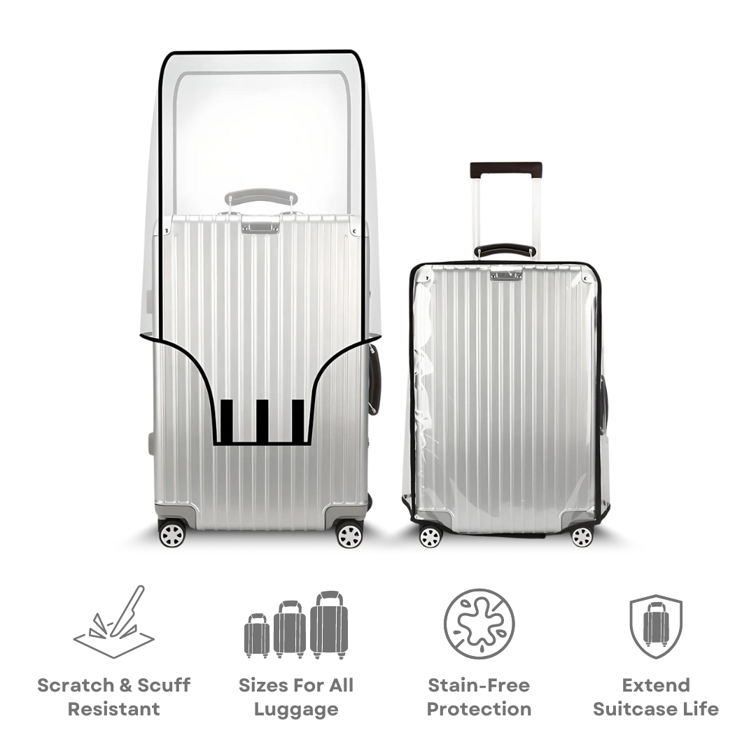 Transparent suitcase cover sleeve, scratch-resistant, stain-free protection, fits all luggage sizes, extends suitcase life, durable travel accessory.