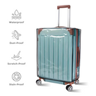 Transparent suitcase cover on a wheeled luggage, showcasing waterproof, dust-proof, scratch-proof, and stain-proof features. Ideal for travel protection.