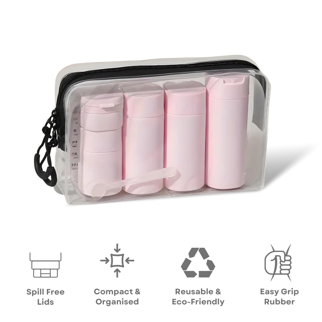 Set of five pink travel cream dispensers in a clear zippered pouch, featuring spill-free lids, compact design, and eco-friendly, reusable materials.