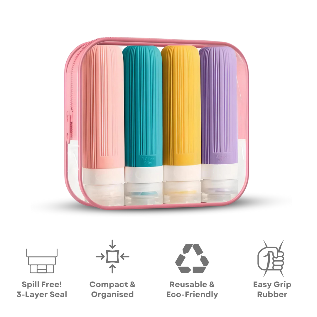 Set of four colorful travel toiletries bottles in a pink zippered case, featuring spill-free design, compact storage, and eco-friendly materials.