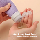 Squeezable travel toiletry bottle dispensing gel into hand, featuring a purple, easy-grip design. Ideal for travel essentials and leak-proof storage.