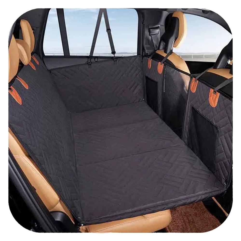 Car backseat pet cover, waterproof and scratchproof, black quilted design, protects vehicle interior, ideal for dogs, easy installation, durable.