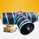 Cat tunnel toy with two playful kittens, featuring a blue and black design against a yellow background. Perfect for pet play and exercise.