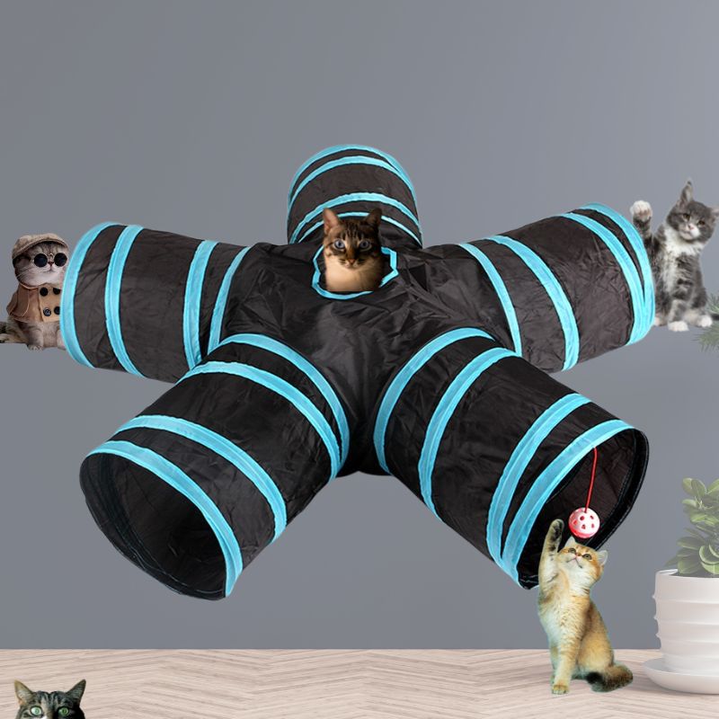 Cat play tunnel with five black and blue tubes, featuring playful kittens. Interactive pet toy for indoor cats, enhancing exercise and fun.