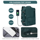 Green backpack with USB charging port design, ideal for phone, laptop, and camera charging. Power bank not included. Perfect for travel and tech-savvy users.