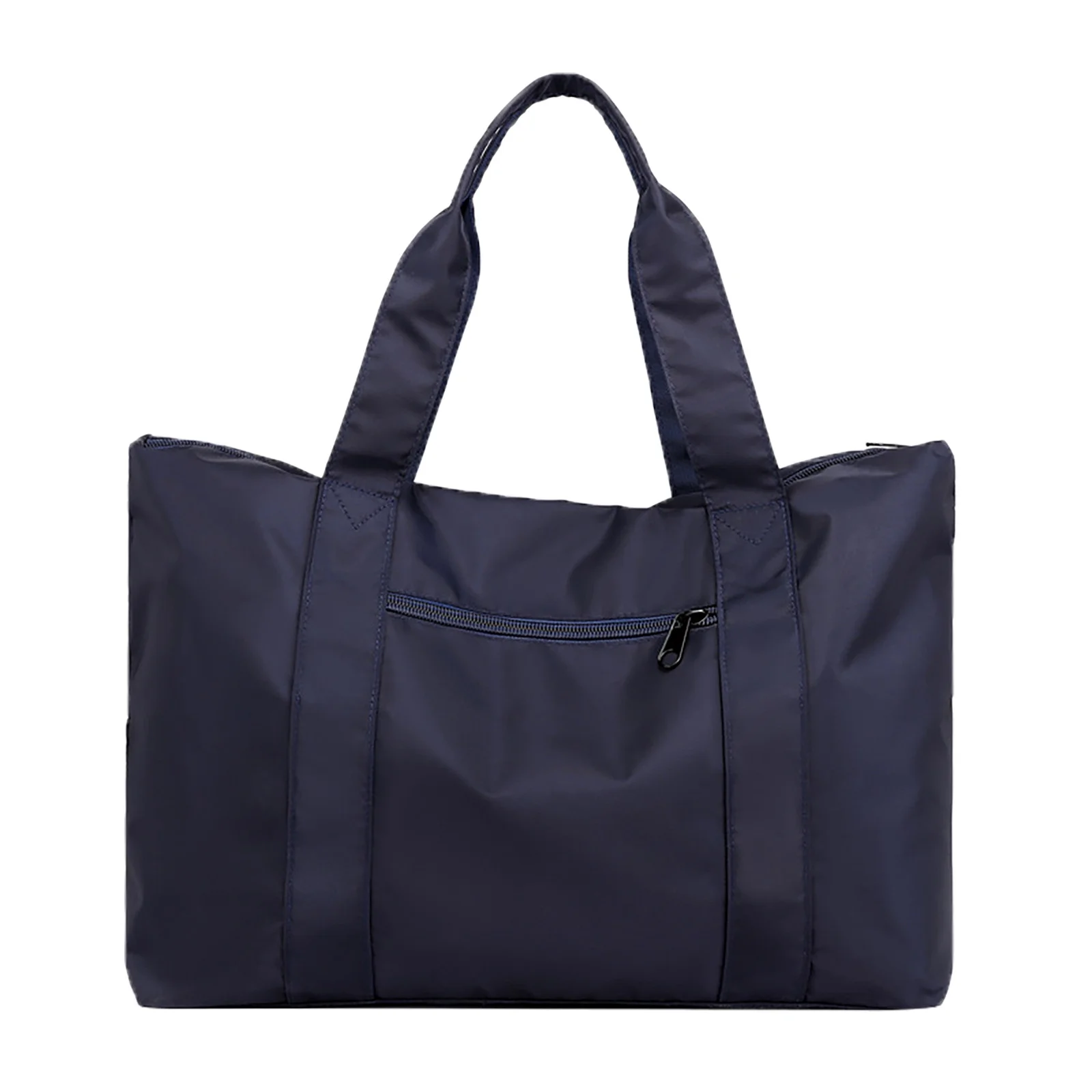 Unisex navy blue nylon shoulder bag with large capacity, front zipper pocket, and durable handles. Ideal for travel, shopping, and daily use.