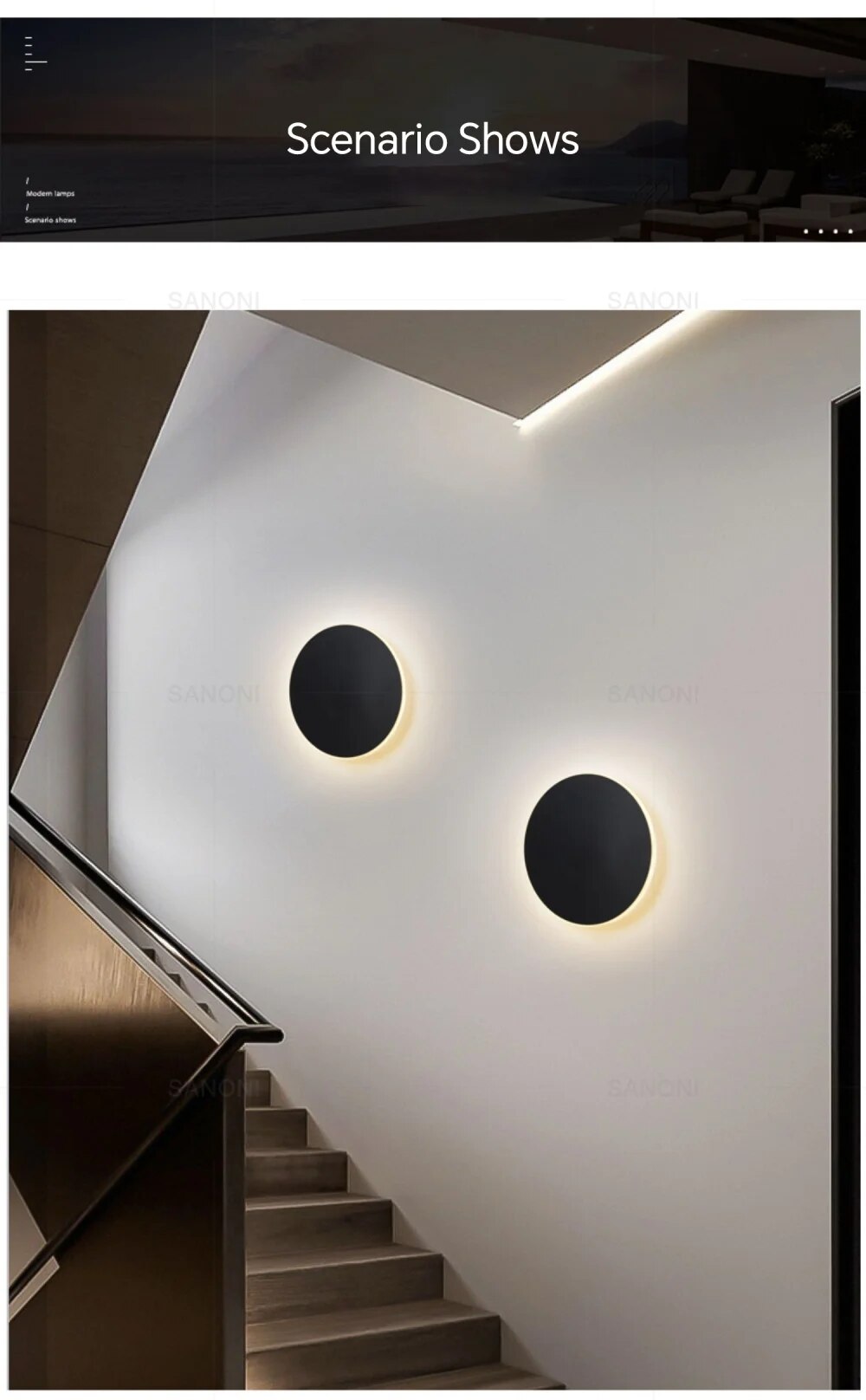 Modern staircase with minimalist design featuring two circular LED wall lights on a white wall, creating a sleek and contemporary ambiance.