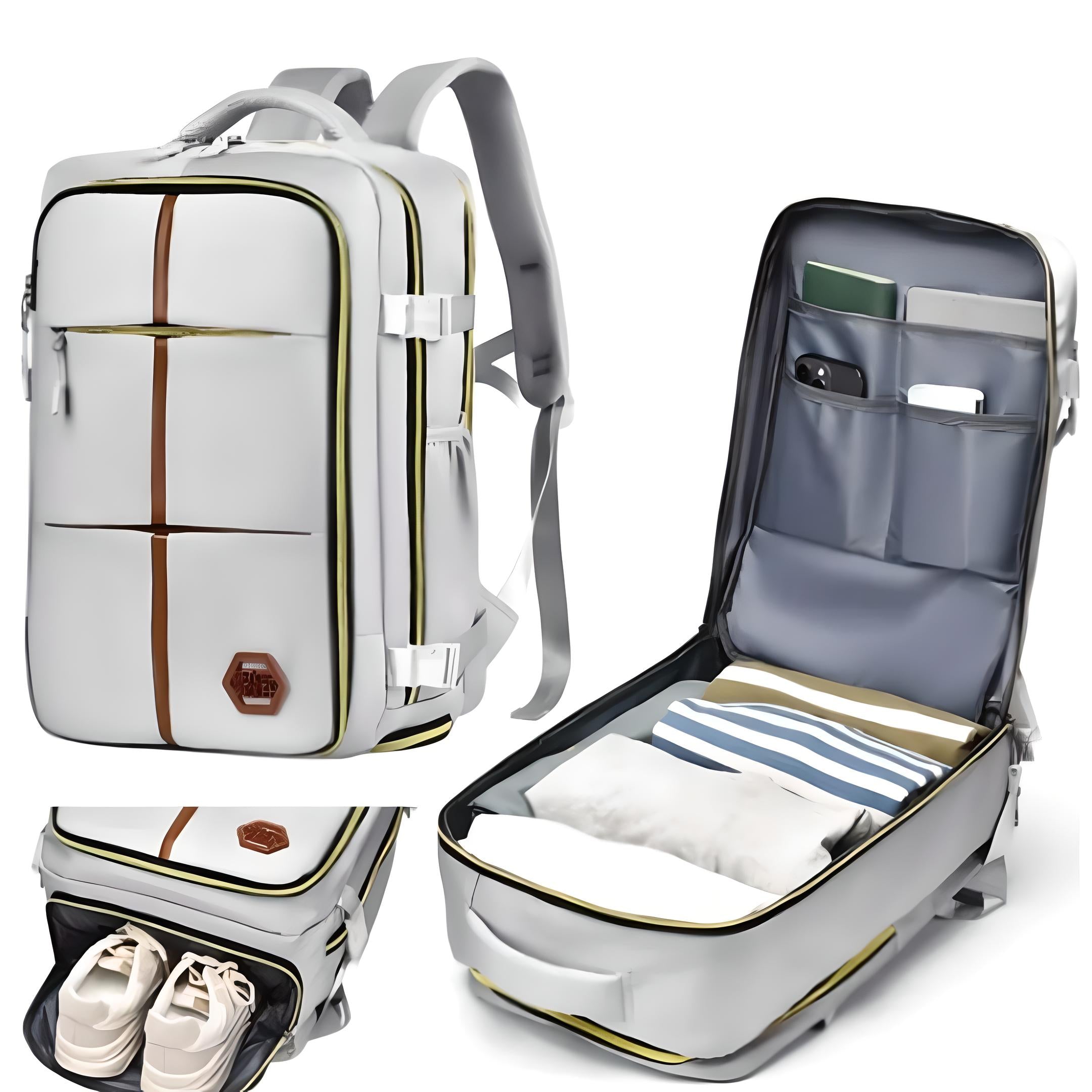 Sleek white travel backpack with multiple compartments, shoe storage, and organized interior pockets. Ideal for travel, school, or work essentials.