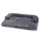 Gray plush pet bed with raised bolster sides, soft faux fur texture, ideal for dogs and cats, comfortable and cozy design for restful sleep.