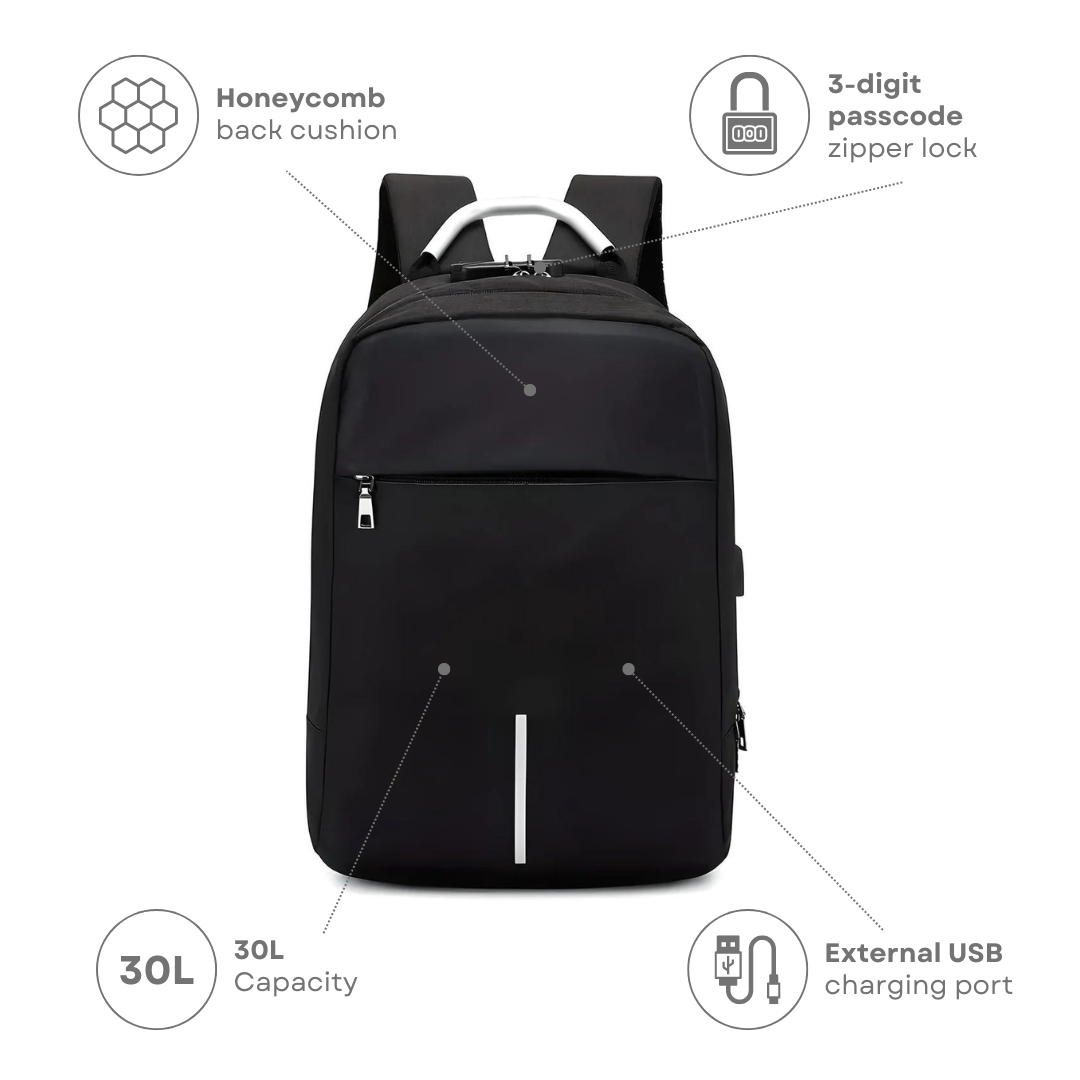 Black anti-theft backpack with 30L capacity, honeycomb back cushion, 3-digit passcode zipper lock, and external USB charging port. Ideal for urban explorers.