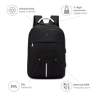 Black anti-theft backpack with 30L capacity, honeycomb back cushion, 3-digit passcode zipper lock, and external USB charging port. Ideal for urban explorers.