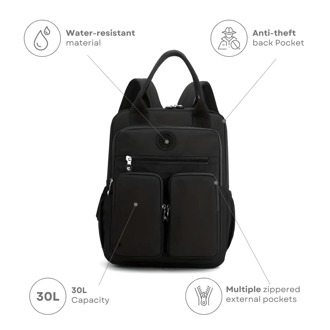 Black urban backpack with 30L capacity, featuring water-resistant material, anti-theft back pocket, and multiple zippered external pockets.