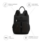 Black urban backpack with 30L capacity, featuring water-resistant material, anti-theft back pocket, and multiple zippered external pockets.