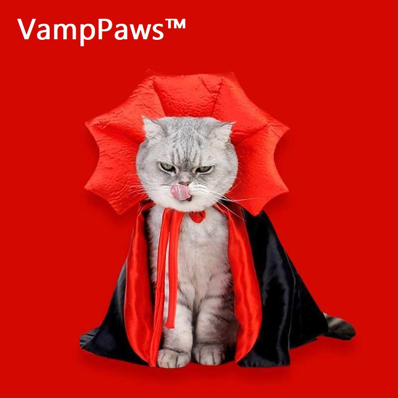 Cat in vampire costume with red and black cape, red collar, and dramatic collar against a red background. Halloween pet costume, VampPaws.