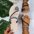 Women's pineapple rhinestone pearl toe loop flat sandals, featuring black straps and a casual summer beach style, perfect for fashion-forward looks.