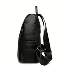 Sleek black leather backpack with adjustable straps, side view. Stylish and durable design, perfect for travel or daily use. Fashionable accessory.