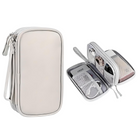 White travel toiletry bag with multiple compartments, zipper closure, and handle. Ideal for organizing cosmetics and toiletries. Portable and stylish.