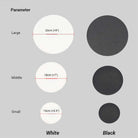 Size comparison chart of round felt pads in white and black, available in large (23cm), middle (18cm), and small (15cm) diameters.