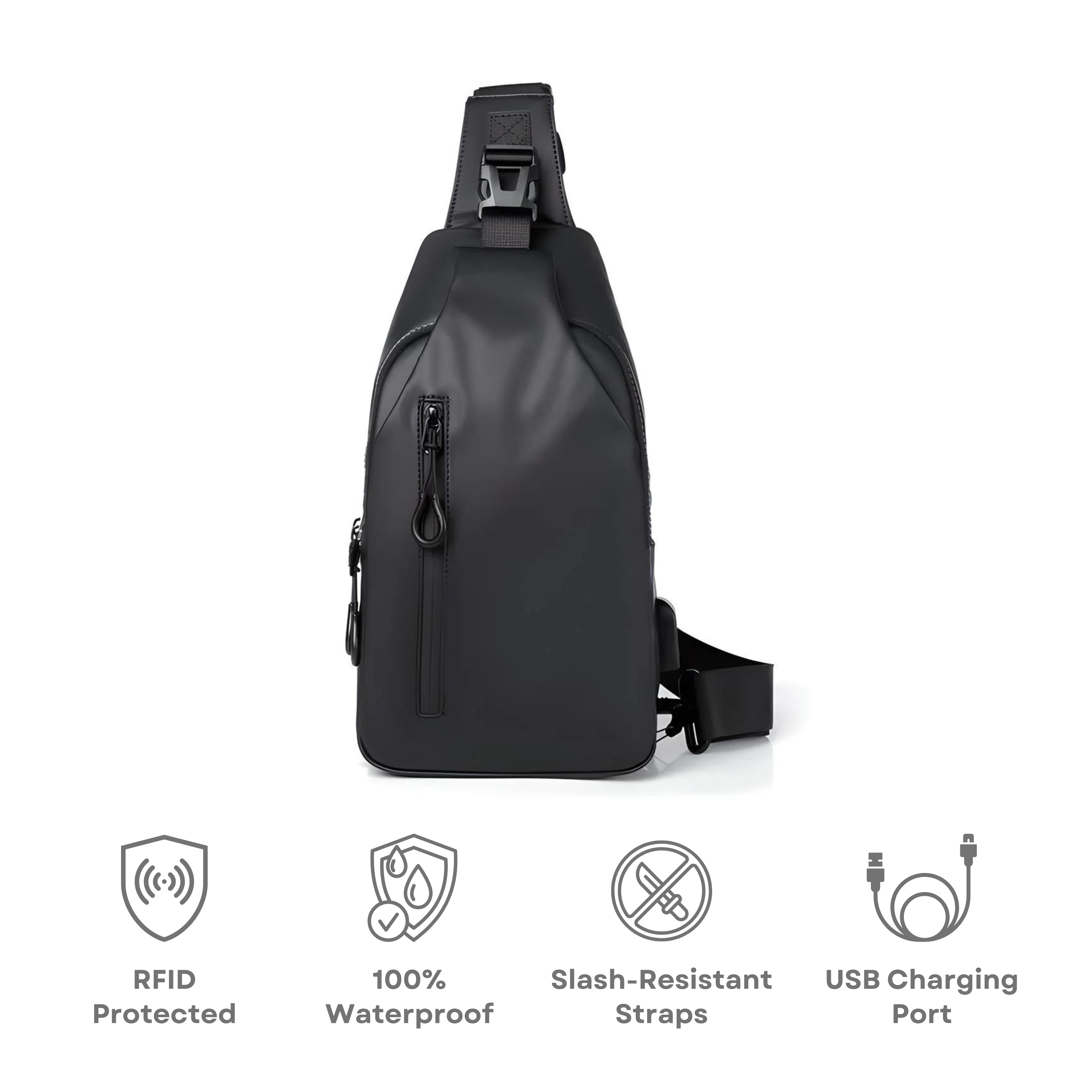 Waterproof anti-theft shoulder bag with RFID protection, USB charging port, slash-resistant straps; ideal for travel and daily use.