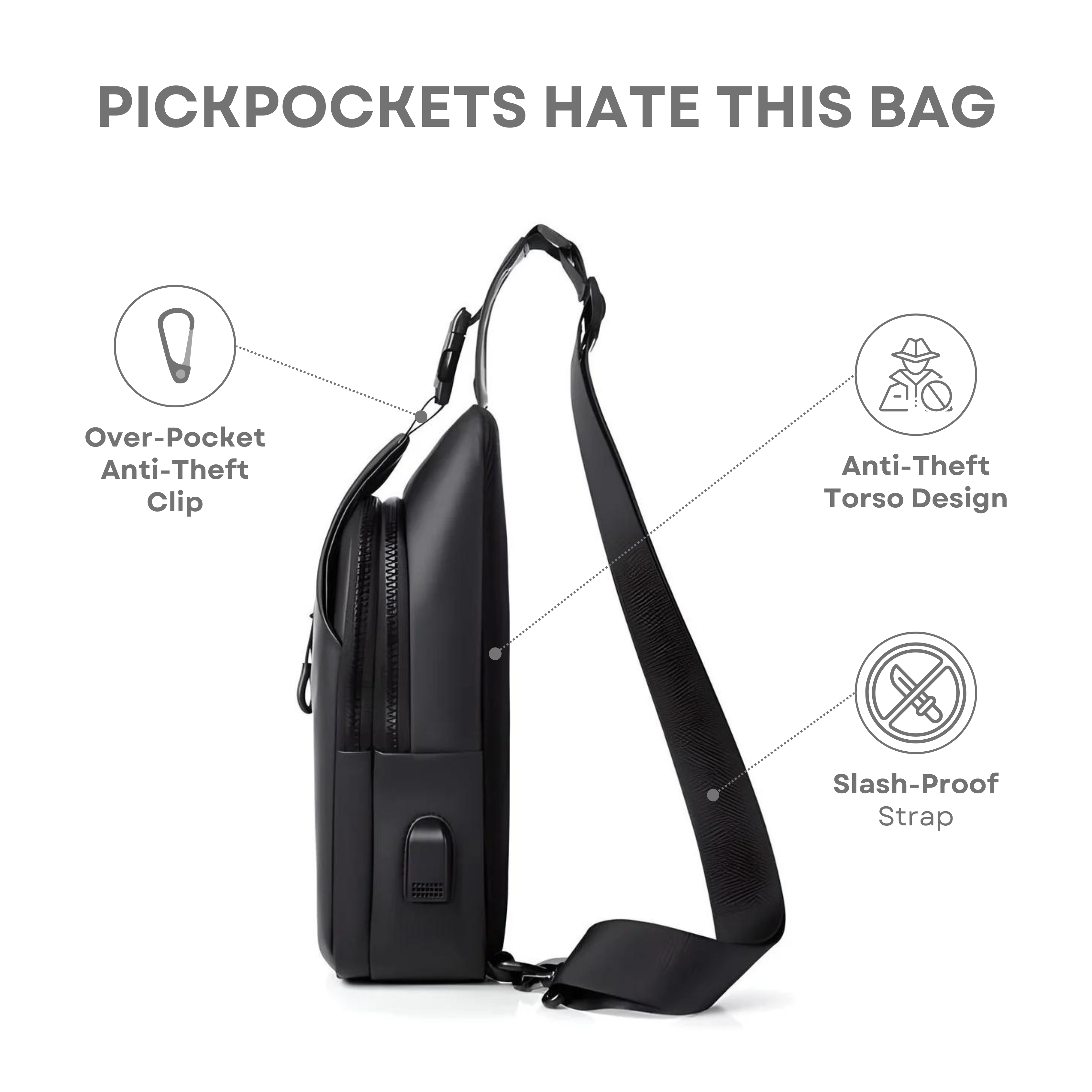 Anti-theft shoulder bag with waterproof design, featuring slash-proof strap, anti-theft torso design, and over-pocket anti-theft clip.