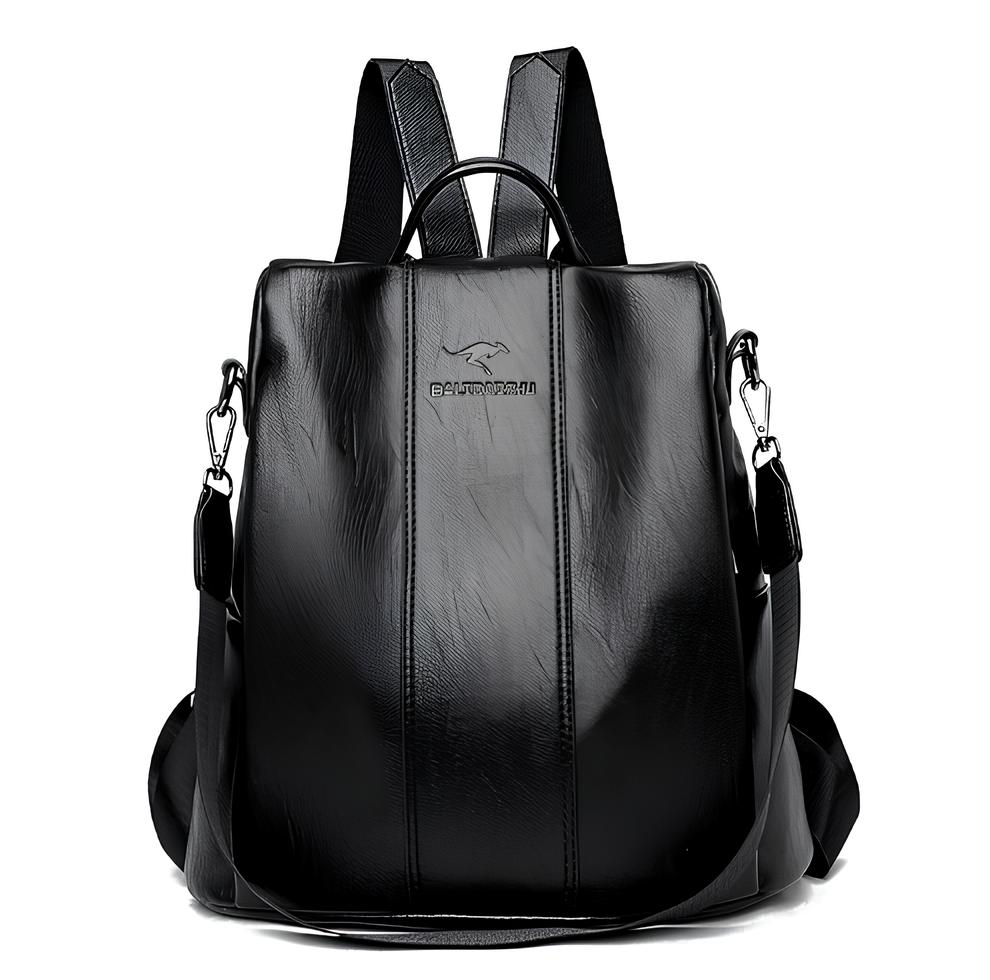 Sleek black leather backpack with adjustable straps, front logo, and metal clasps. Stylish and durable bag for travel or daily use.