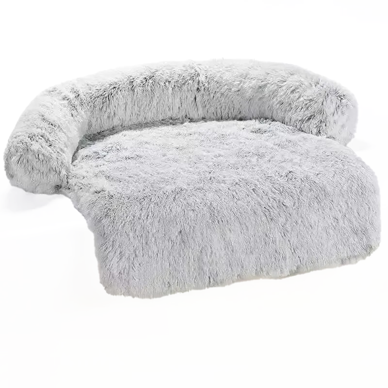 Luxurious gray faux fur chaise lounge chair with curved backrest, perfect for modern living room decor. Cozy, stylish seating furniture.