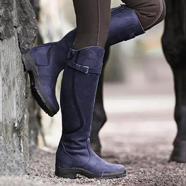 Women's retro PU leather boots with zipper, low heel, and gladiator style. Fashionable casual footwear for ladies. Perfect for fall outfits.