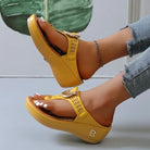 Yellow open-toe wedge sandals for women, featuring a comfortable design with a stylish buckle, perfect for summer beachwear and casual outings.