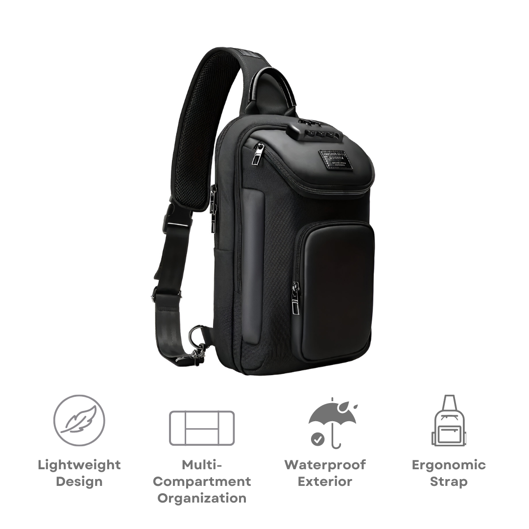 Sleek black crossbody sling bag with ergonomic strap, multi-compartment organization, and waterproof exterior. Ideal for travel and daily use.