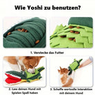 Dog toy usage guide featuring a green crocodile plush with hidden treat compartments. Interactive play and engagement for dogs. Perfect for pet enrichment.