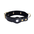 Black leather dog collar with brass buckle, silver button, and D-ring. Durable pet accessory, adjustable fit, stylish design for dogs.