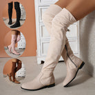 Women's over-the-knee boots in beige, black, pink, and brown displayed against a neutral background. Stylish, versatile footwear for fall fashion.