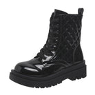 Shiny black patent leather combat boot with quilted design, thick lug sole, and lace-up front. Stylish women's footwear, trendy fall fashion.