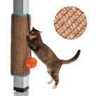 Cat scratching post with sisal wrap and hanging orange ball toy, ideal for feline play and claw maintenance. Perfect for indoor cat activity.