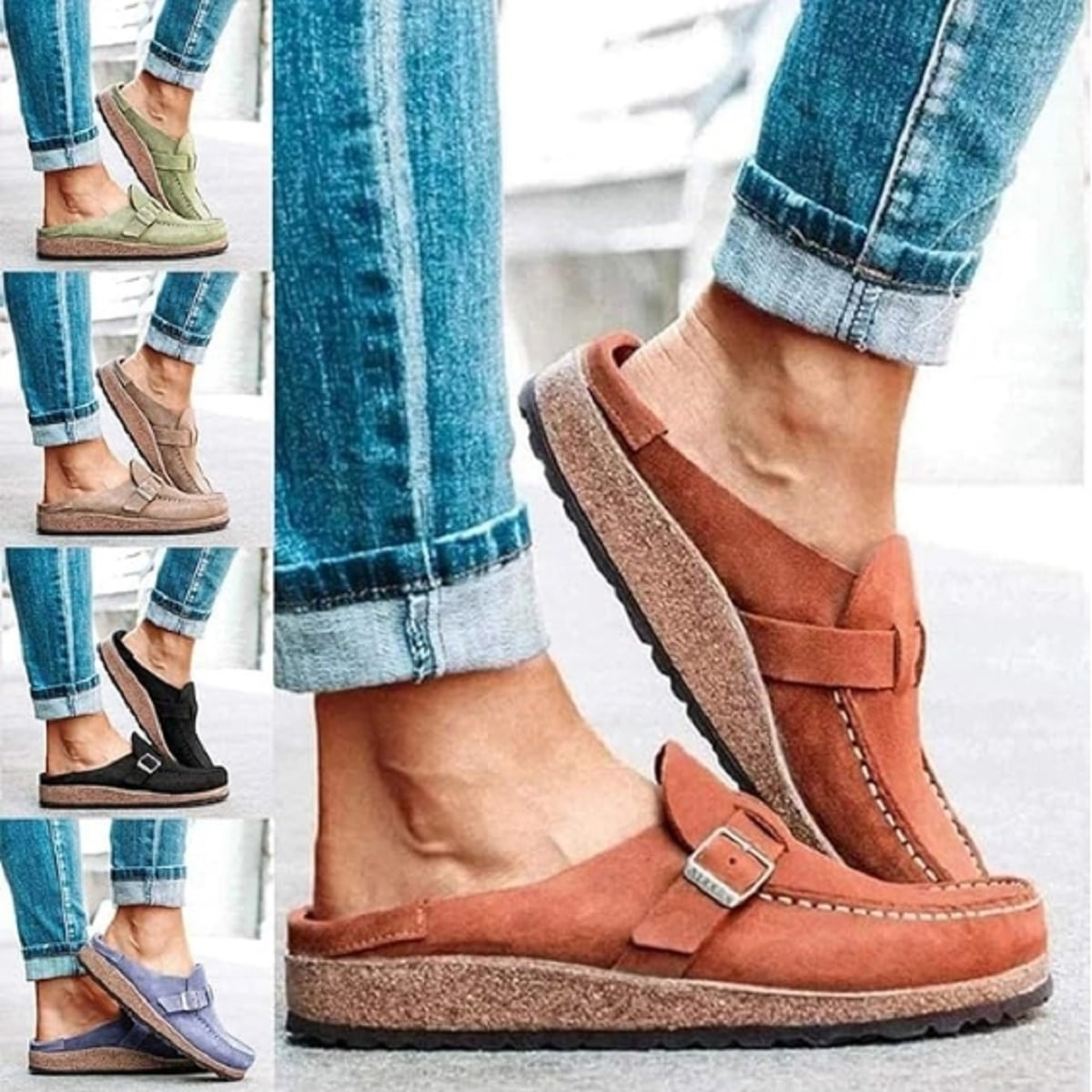 Women's slip-on loafers with buckle detail, featuring a cork sole. Available in multiple colors. Perfect for casual wear and comfort.