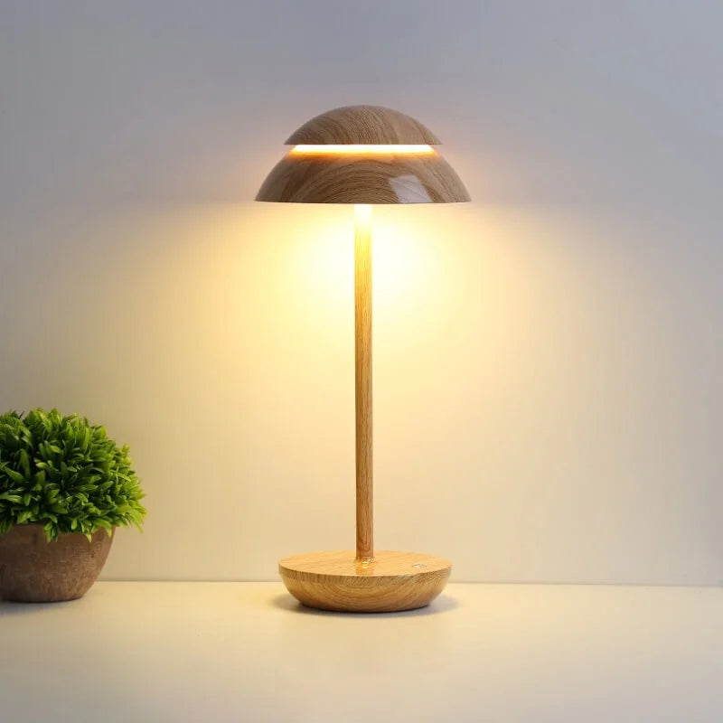 Modern wooden table lamp with dome-shaped shade, warm LED light, minimalist design, perfect for home decor, energy-efficient lighting solution.