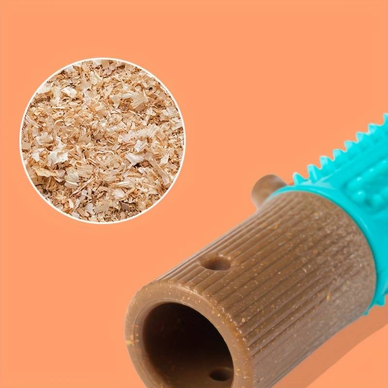 Eco-friendly dog chew toy with rice husk fibers, featuring a durable, textured design for dental health. Sustainable pet product on orange background.