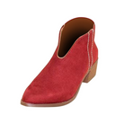 Red suede ankle boot with low block heel, featuring white stitching detail. Perfect for casual wear, this stylish boot offers comfort and fashion.