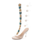 Elegant clear stiletto heel with jeweled embellishments, featuring gold and teal accents, transparent straps, and a sleek design. Fashion footwear.