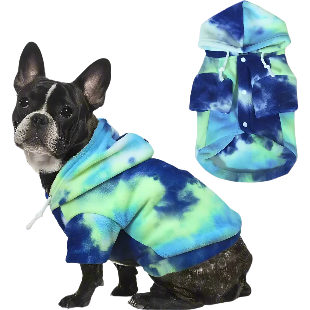 French Bulldog wearing a blue and green tie-dye hoodie with a hood and drawstrings, showcasing pet fashion. Matching hoodie displayed beside the dog.