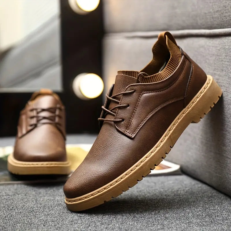 Men's brown leather casual shoes with lace-up design, featuring durable rubber soles, perfect for everyday wear and comfort. Fashionable footwear.