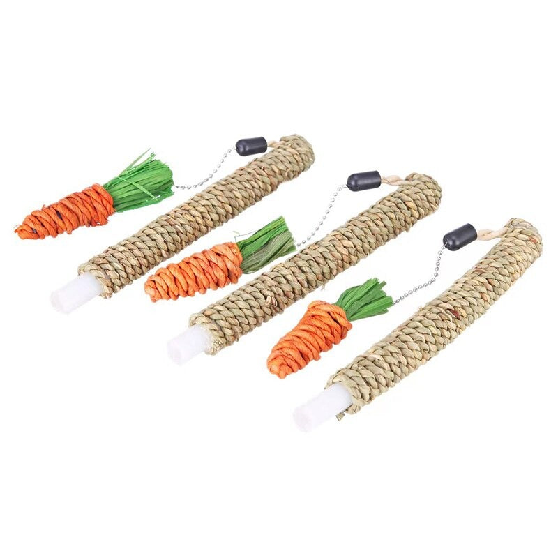 Set of four woven sisal cat toys with carrot design, featuring chewable textures and attached strings, ideal for interactive pet play and dental health.