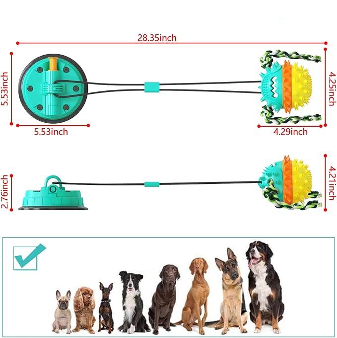 Dog chew toy with suction cup, interactive tug-of-war design, durable rubber, dental cleaning spikes, suitable for small to large breeds, 28.35 inches.