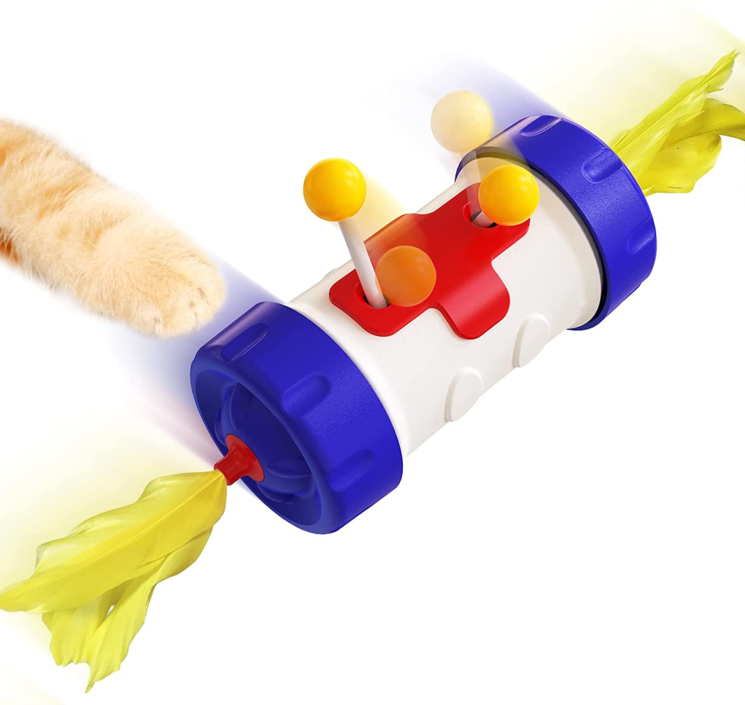 Automatic interactive cat toy with infrared sensor, colorful feathers, and rotating design. Engages pets in active play. Perfect for indoor cats.