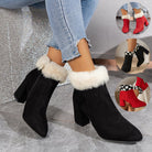 Women's black suede ankle boots with faux fur trim, block heel, and side zipper. Featured with red and black plaid variations. Fashionable winter footwear.