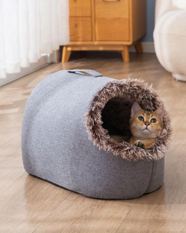 Cozy gray cat cave bed with plush lining, featuring a cute cat peeking out. Perfect pet furniture for indoor cats, enhancing comfort and style.